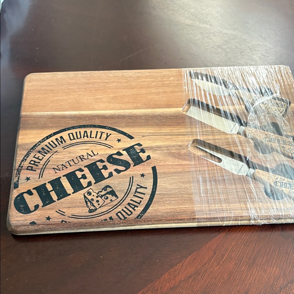 Natural Wooden Cheese Board with cheese utensils